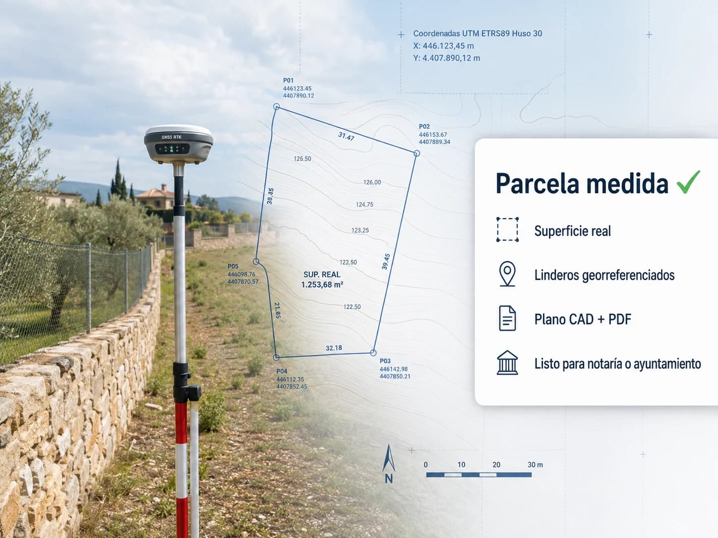 Medición de una parcela con GNSS RTK y plano topográfico georreferenciado