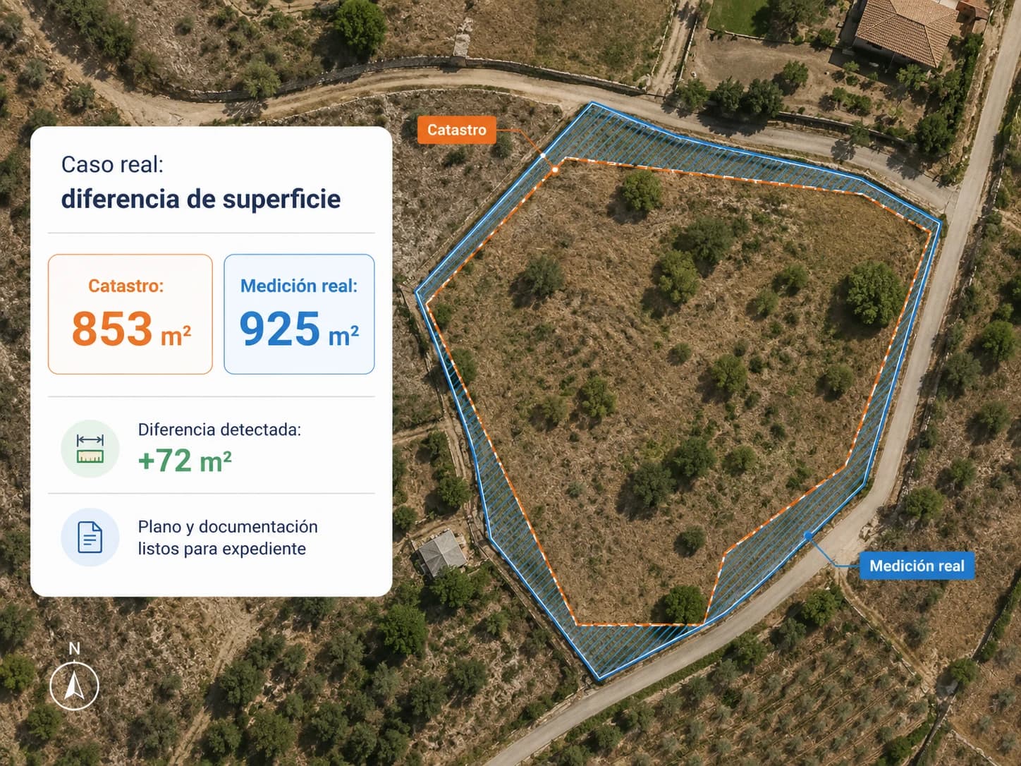 Comparación entre superficie catastral y medición real de una parcela