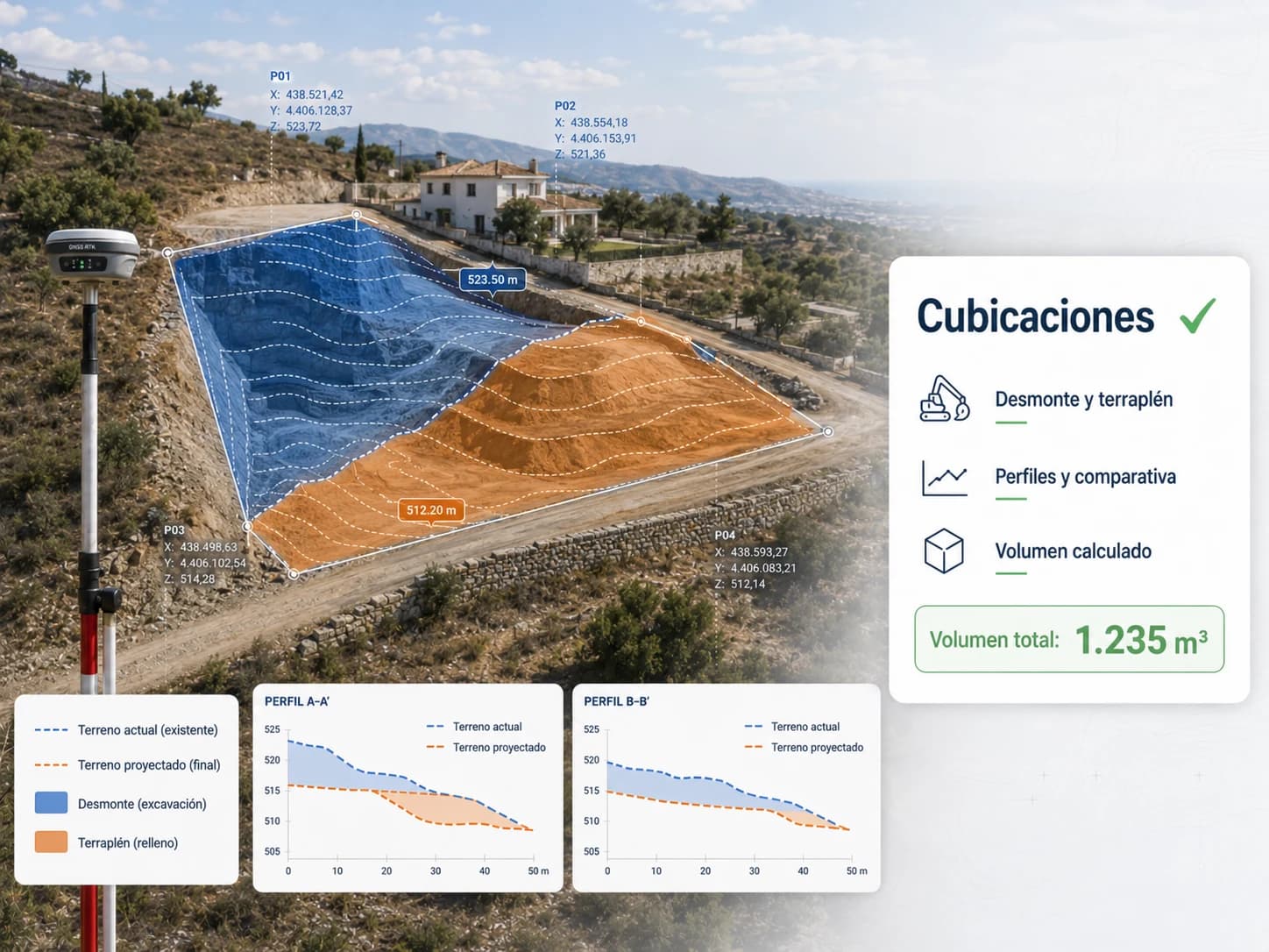 Cálculo de desmonte y terraplén mediante cubicación topográfica