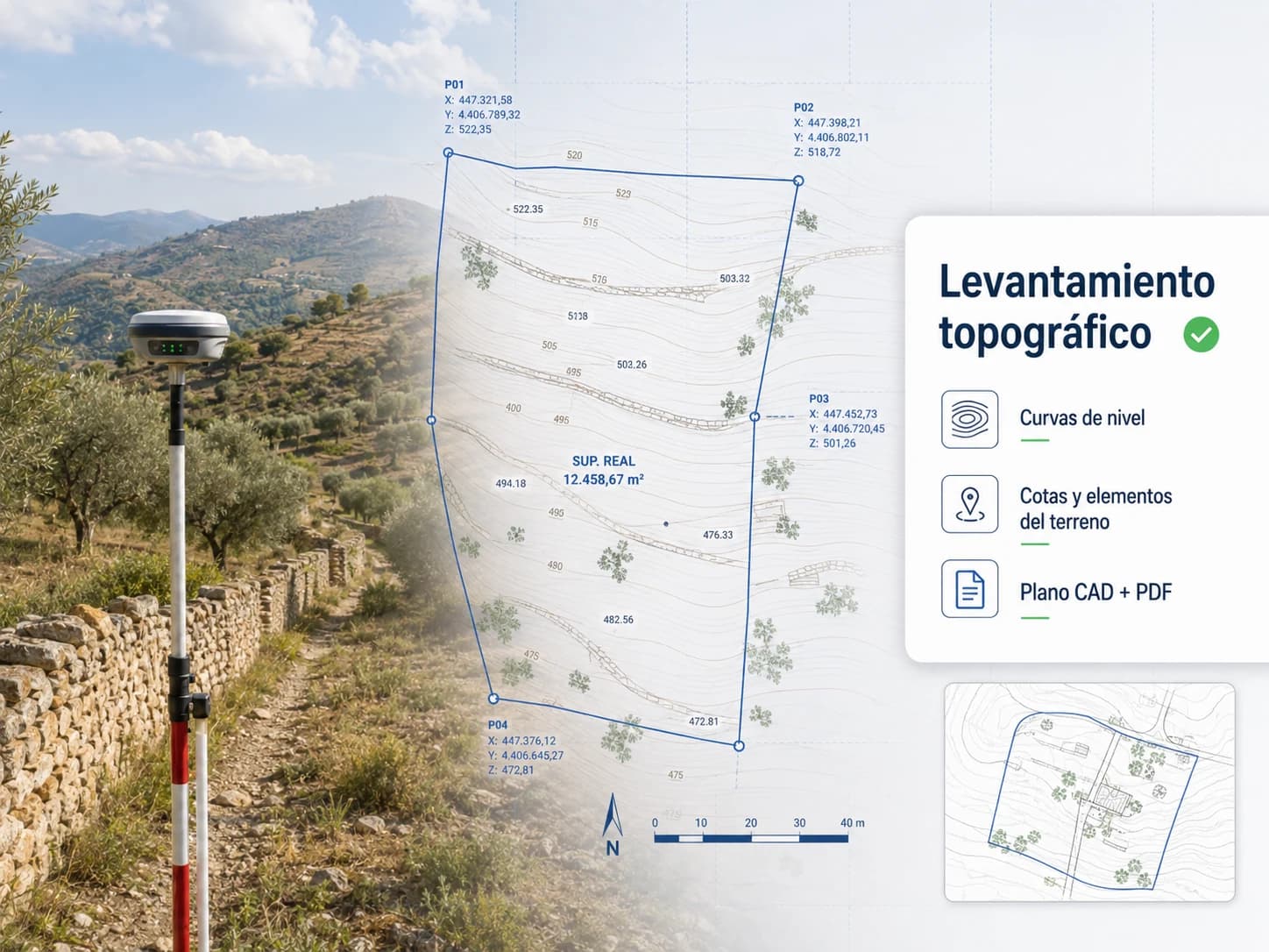 Levantamiento topográfico con curvas de nivel, cotas y coordenadas